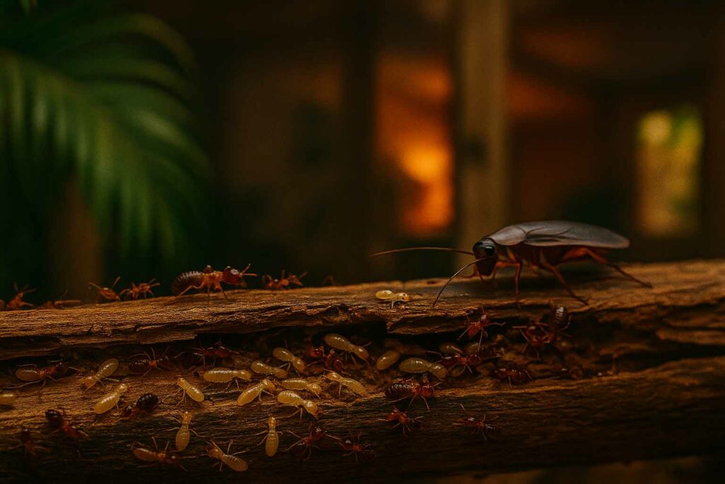 Termites, ants, and a cockroach crawling across damaged timber inside a Cairns home