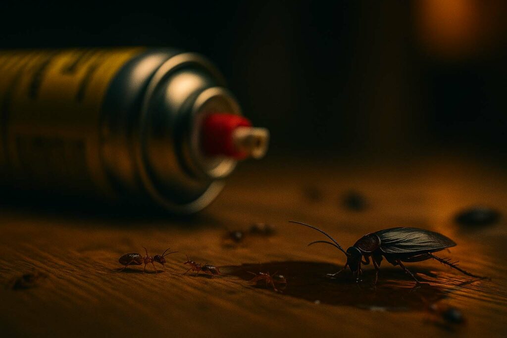 Cockroach and ants crawling near spilled insecticide spray on a wooden floor in a Cairns home