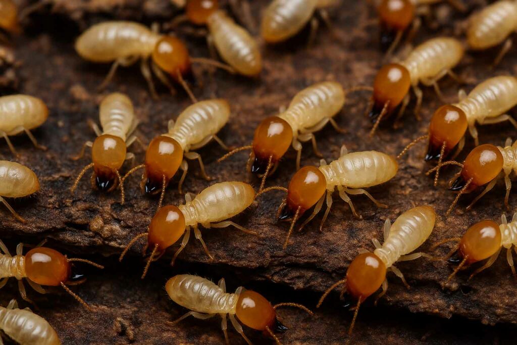 Dozens of termites swarming across decaying timber, captured in extreme close-up with visible wood damage