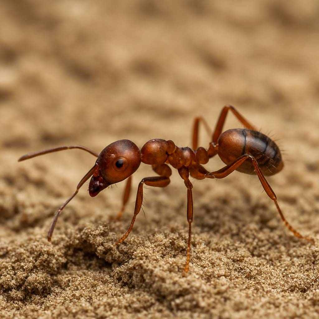 Macro close-up of a reddish-brown ant on sandy ground during a Cairns wet season inspection