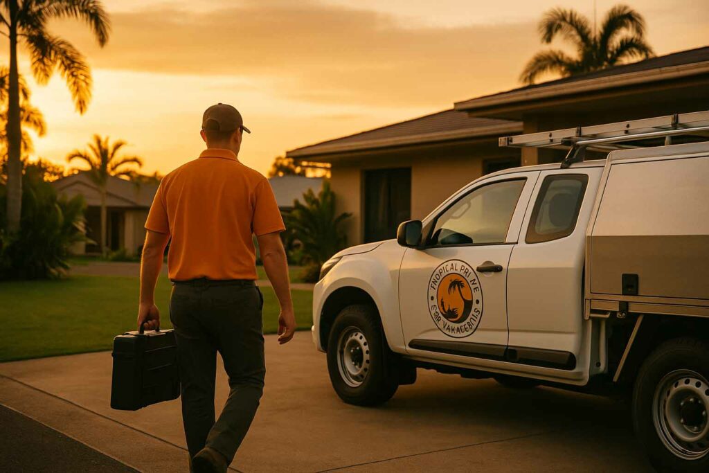 Pest control technician walking towards Tropical Palms Pest Management ute at sunset in Cairns residential area