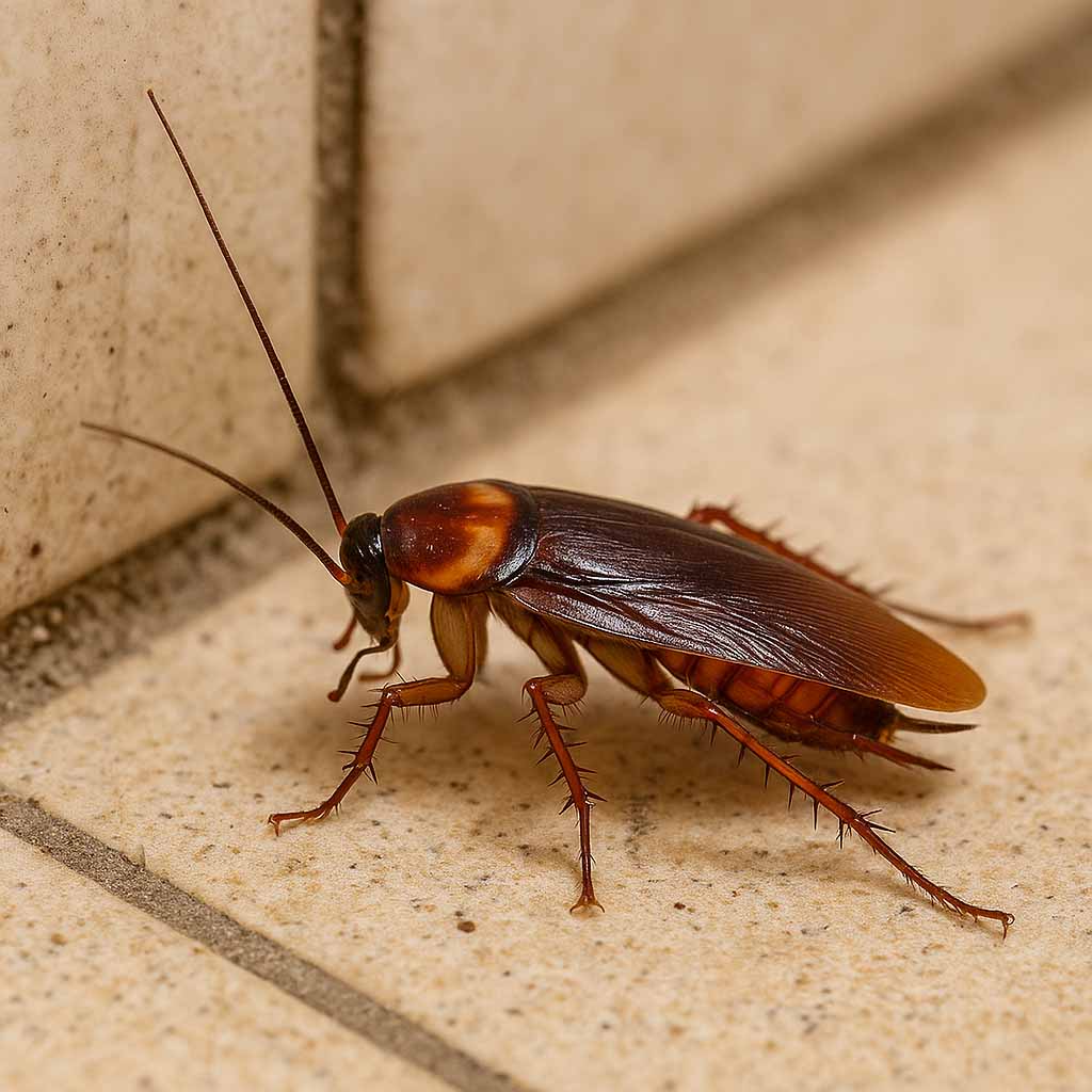 Close-up of a cockroach on tiled floor in a Cairns home during the wet season