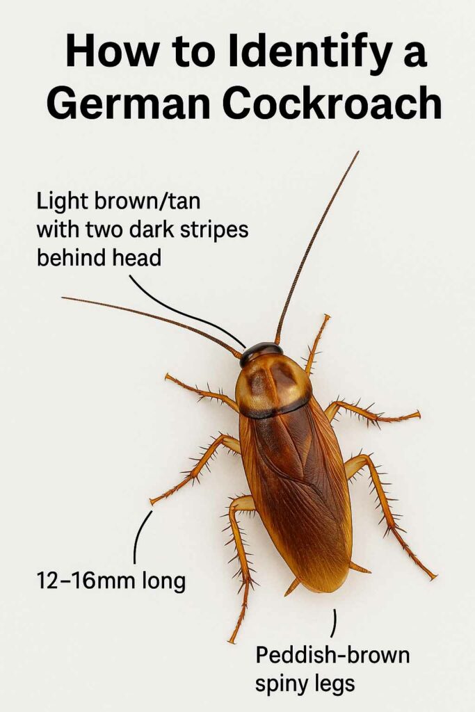 High-resolution infographic showing how to identify a German cockroach in Cairns, Queensland, with labels for key features: light brown/tan colour with two dark stripes behind the head, 12–16mm length, and reddish-brown spiny legs.