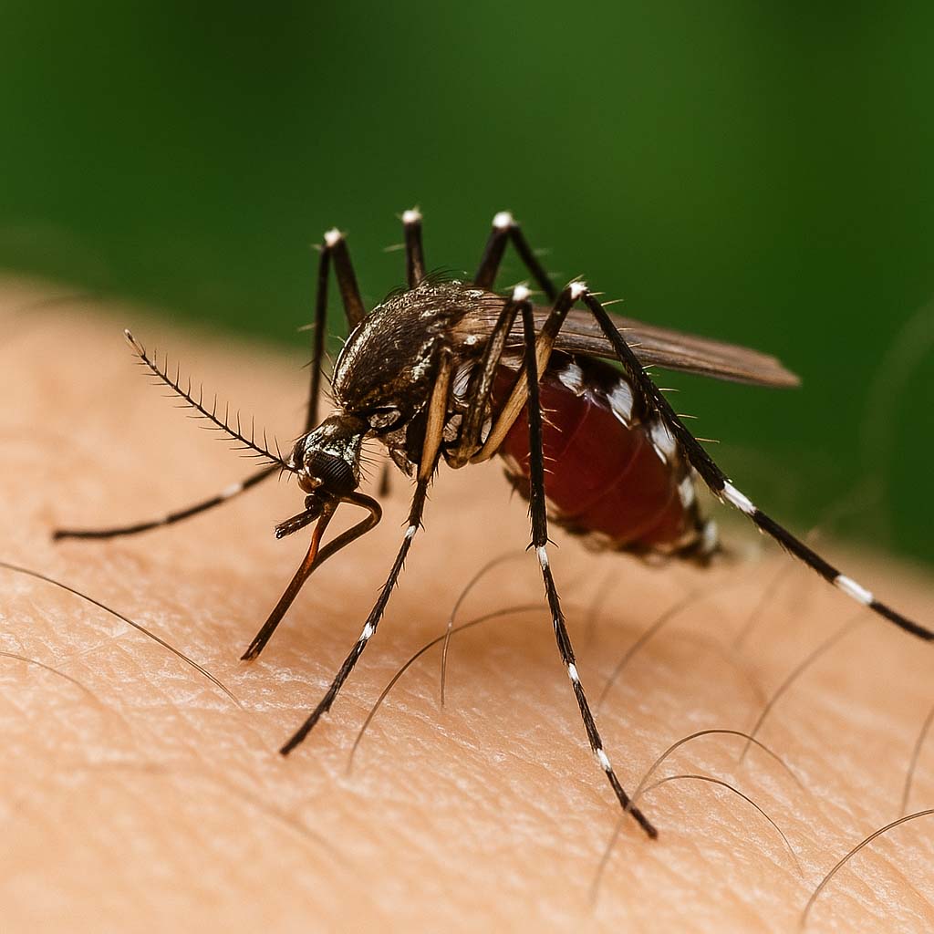 Close-up of an Aedes mosquito feeding on human skin in Cairns during the wet season