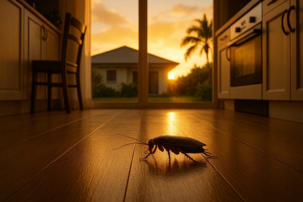 Cockroach inside a Cairns home kitchen at golden hour, showing the need for residential pest control services