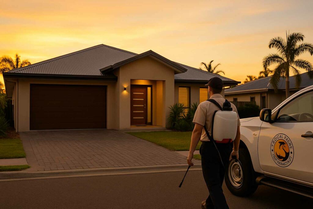Residential pest control in Cairns with Tropical Palms Pest Management technician arriving at a home with branded ute at sunset