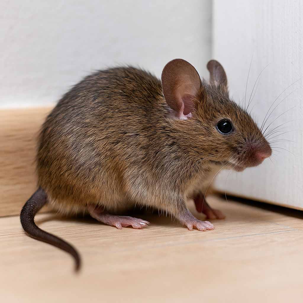 Close-up of a brown house mouse on a wooden floor inside a Cairns home during the wet season