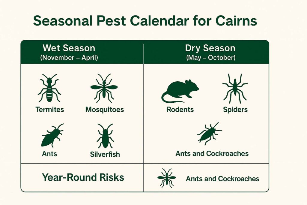 Infographic showing seasonal pest activity in Cairns, highlighting termites, mosquitoes, cockroaches, ants, rodents, spiders and silverfish.