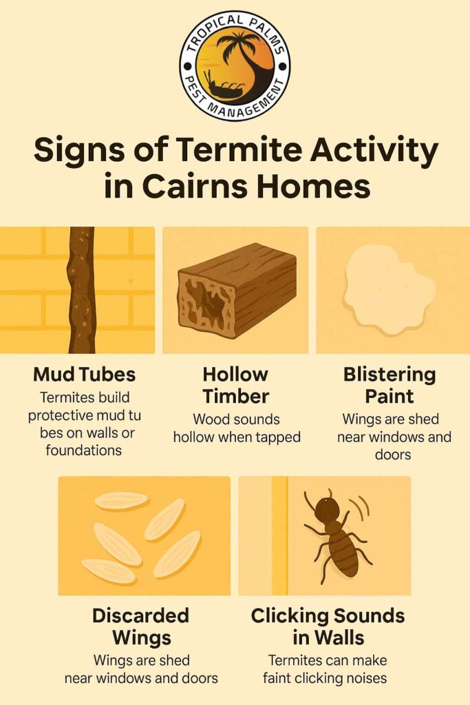 Infographic showing five signs of termite activity in Cairns homes: mud tubes, hollow timber, blistering paint, discarded wings, and clicking sounds in walls.