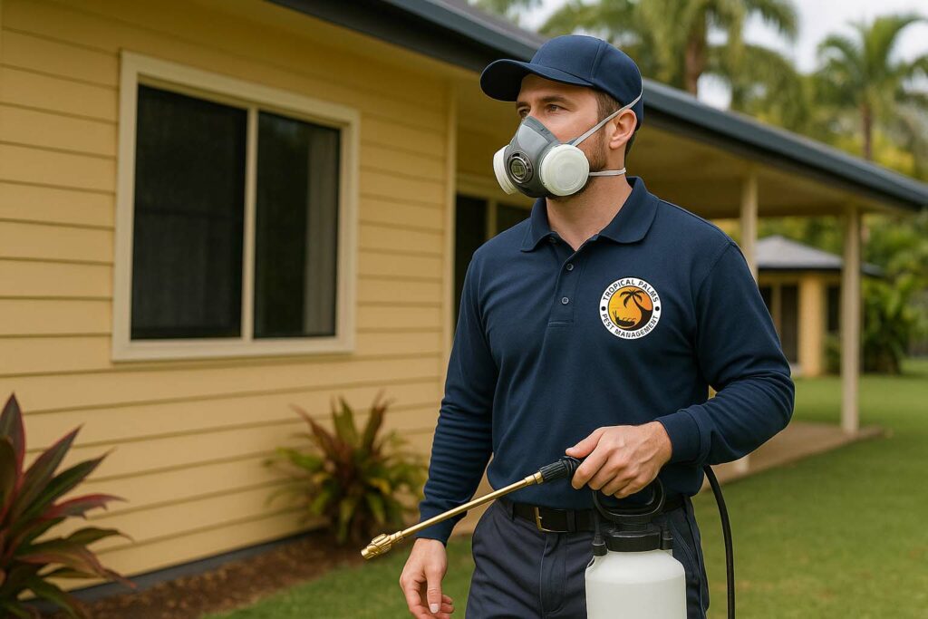 Pest control technician in Tropical Palms Pest Management uniform performing a termite inspection at a Cairns-style home during the wet season.