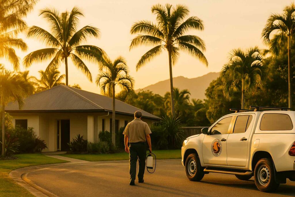 Tropical Cairns suburban home with palm trees and driveway at golden hour during wet season