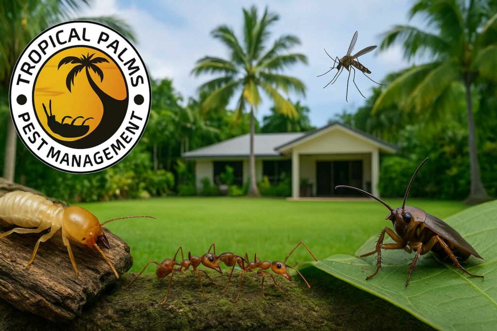 Tropical Palms Pest Management logo with pests common in Cairns such as termites, ants, cockroaches, spiders, and mosquitoes, set against a tropical home background.