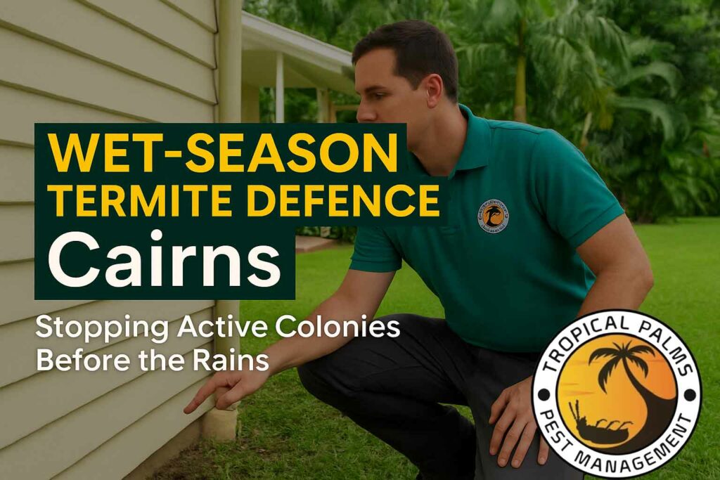 Licensed pest control technician from Tropical Palms Pest Management inspecting a Cairns home for termites before the wet season.