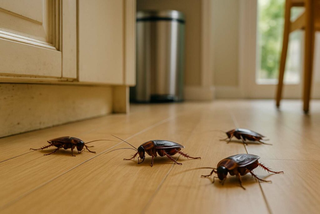Cockroach infestation on the kitchen floor of a Cairns home during the wet season