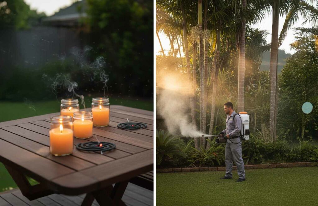 Split-screen image showing DIY mosquito control with candles and coils compared to a professional pest control technician fogging in a Cairns backyard.