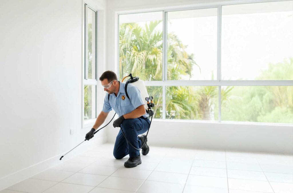 End of lease pest control in Cairns – professional technician treating skirting boards in a clean rental home with Tropical Palms Pest Management uniform