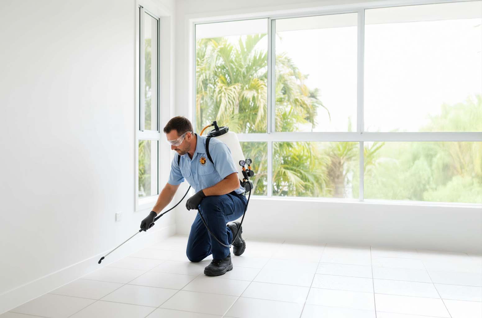 End of lease pest control in Cairns – professional technician treating skirting boards in a clean rental home with Tropical Palms Pest Management uniform