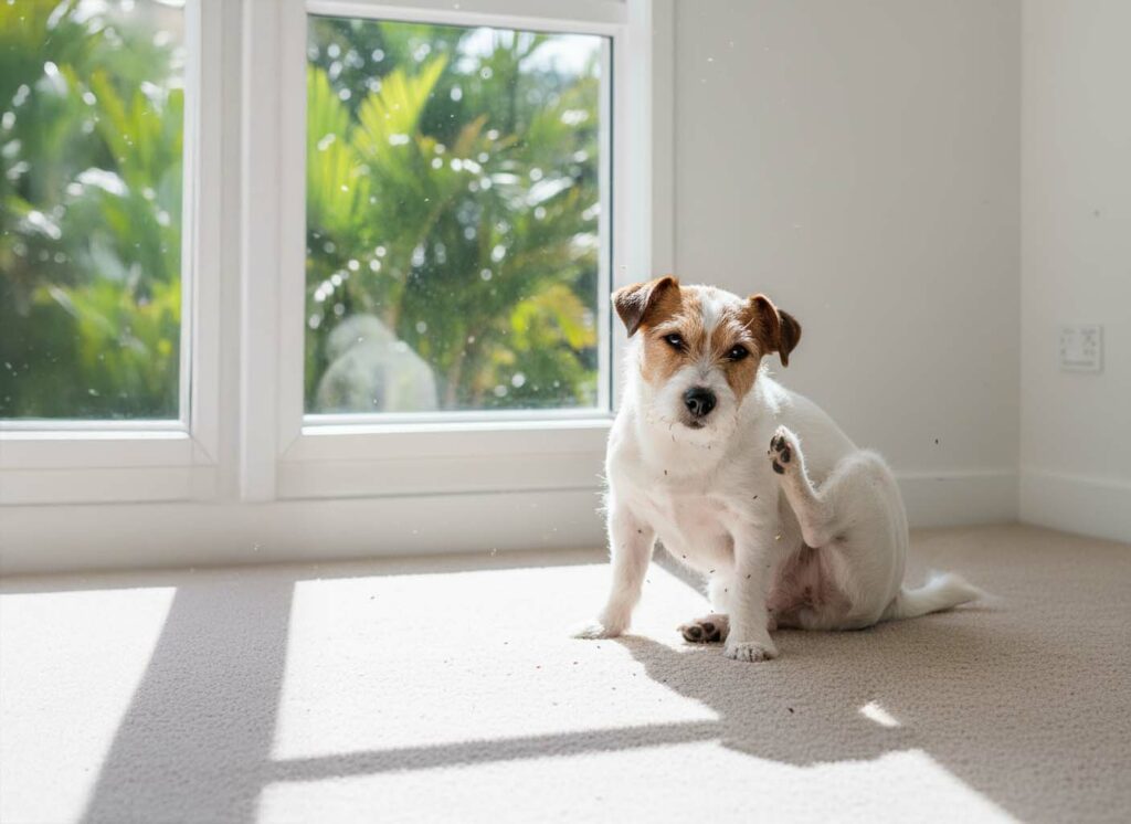 Flea infestation in a Cairns rental home – dog sitting on carpet scratching, highlighting need for end of lease pest control