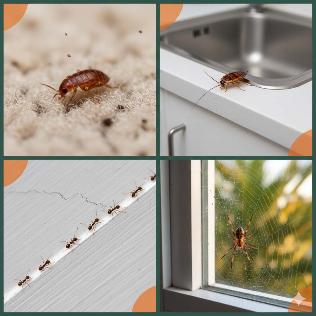 Macro shots of fleas, German cockroaches, ants, and spiders – common pests in Cairns homes