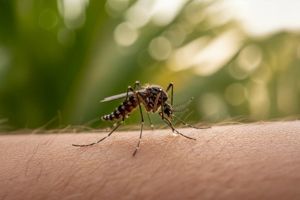 Close-up of a mosquito biting human skin in tropical Cairns, showing the risks of mosquito-borne diseases during the wet season.