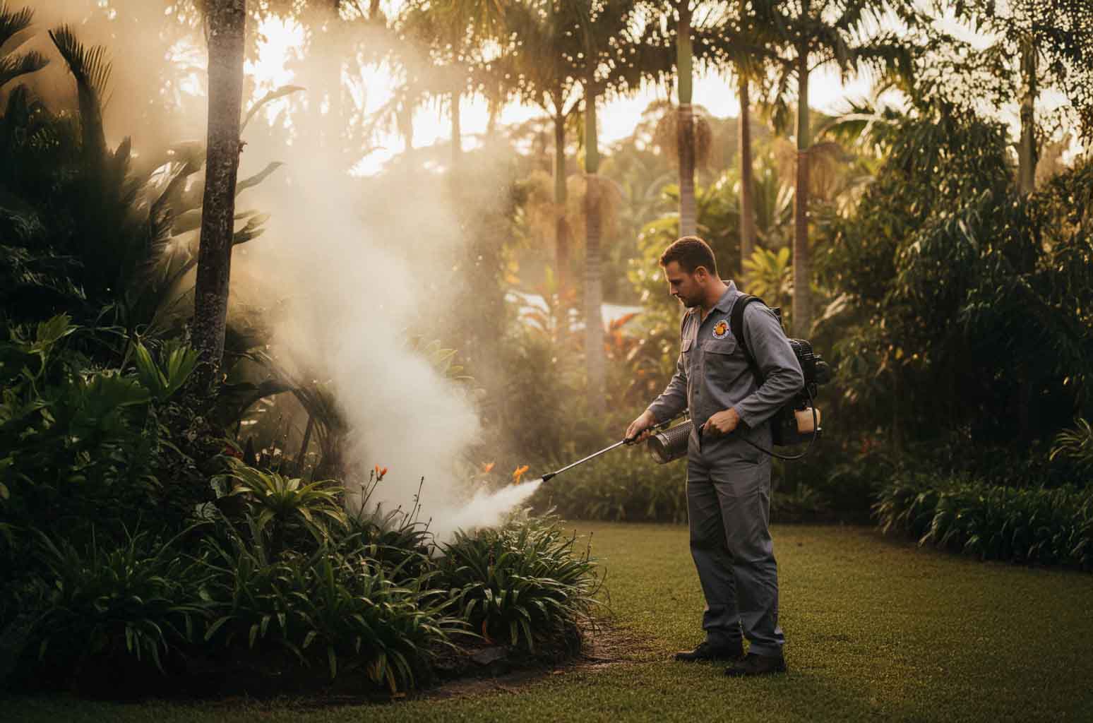 Pest control technician fogging a tropical Cairns backyard to reduce mosquitoes during the wet season.
