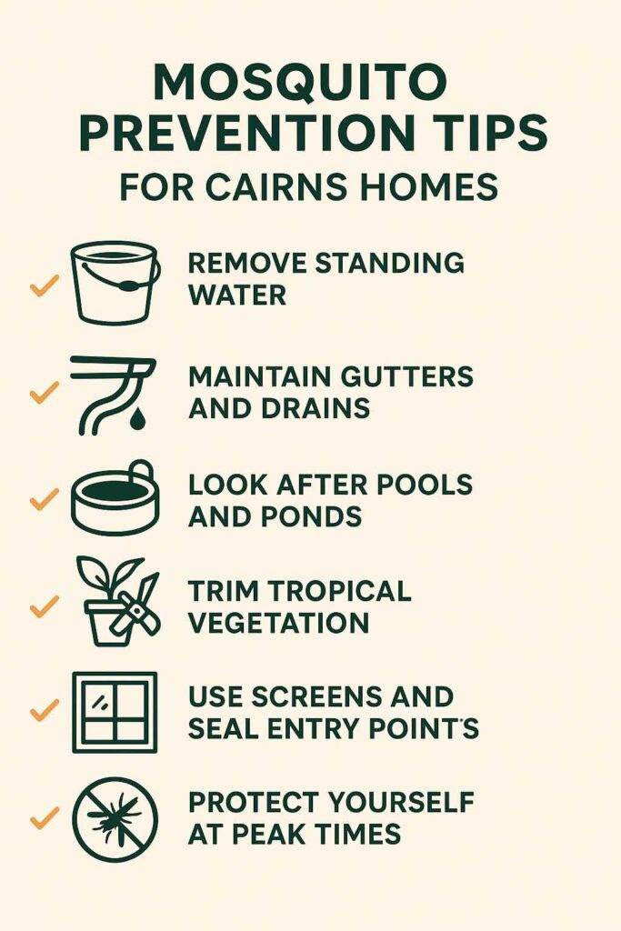 Infographic checklist of mosquito prevention tips for Cairns homes, including removing standing water, cleaning gutters, maintaining pools, trimming vegetation, repairing screens and using repellent.