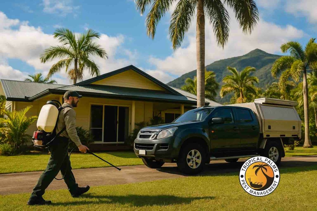 Pest control technician treating a Cairns home during the wet season with Tropical Palms Pest Management
