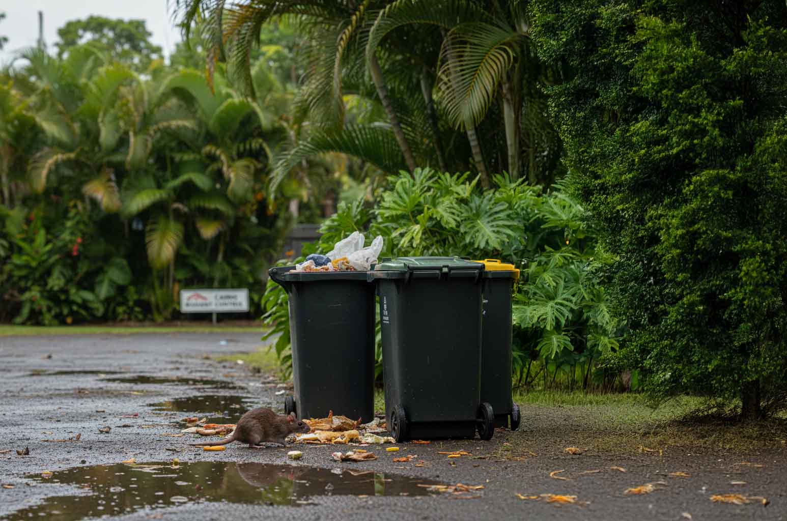 Brown rat near overflowing bins in a tropical Cairns backyard after rain, highlighting the need for professional rodent control in Cairns homes.