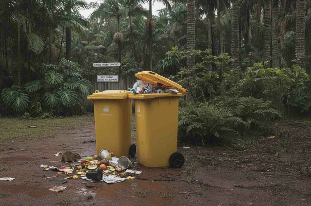 Brown rat near overflowing rubbish bins in a tropical Cairns backyard during the wet season, showing the need for professional rodent control in Cairns homes.