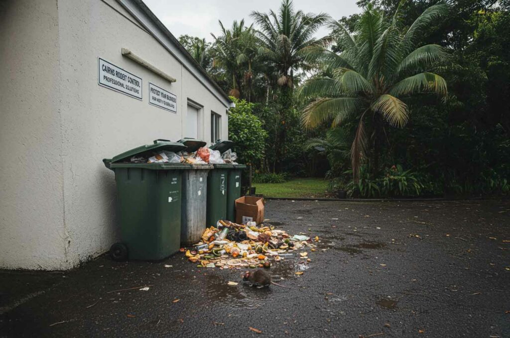 Brown rat near overflowing bins behind a café in tropical Cairns during the wet season, showing the importance of professional rodent control for local businesses.