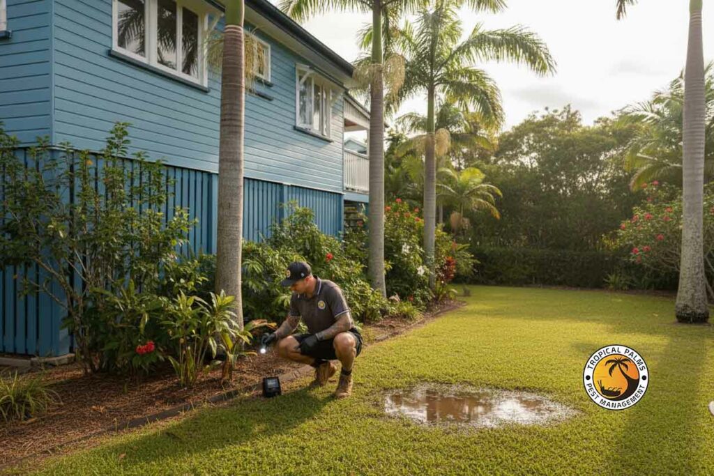 Professional pest control technician from Tropical Palms Pest Management inspecting a tropical Queenslander home in Cairns using eco-friendly methods surrounded by lush green foliage.