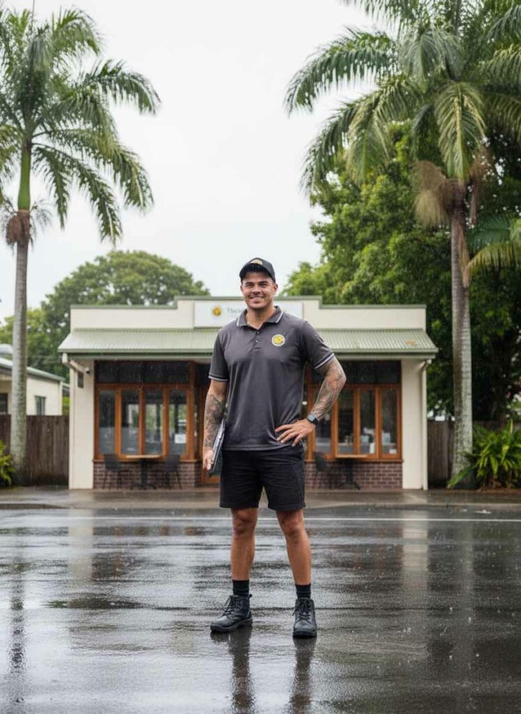 Kurt Bradshaw from Tropical Palms Pest Management outside a Cairns café after tropical rain, preparing eco-friendly pest control solutions for local businesses.