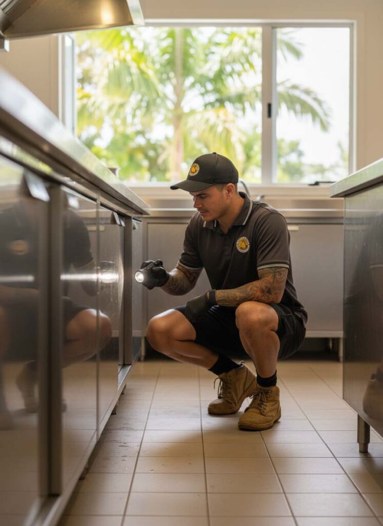 Kurt Bradshaw from Tropical Palms Pest Management inspecting a café kitchen in Cairns during the wet season to ensure safe, eco-friendly pest control for local businesses.