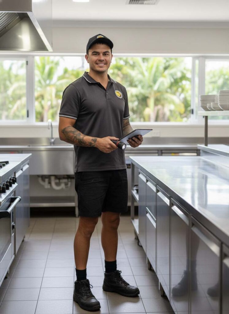 Kurt Bradshaw from Tropical Palms Pest Management inspecting a Cairns café or resort property, representing professional commercial pest control services in the tropics.