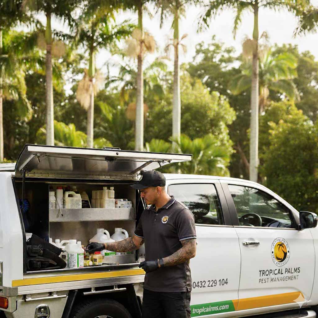 Kurt Bradshaw from Tropical Palms Pest Management inspecting eco-friendly pest control products beside company ute in Cairns surrounded by tropical greenery.