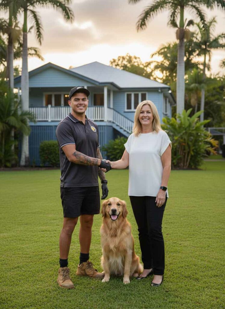 Kurt Bradshaw from Tropical Palms Pest Management greeting a homeowner with their dog outside a tropical home in Cairns, representing safe, family-friendly pest control.