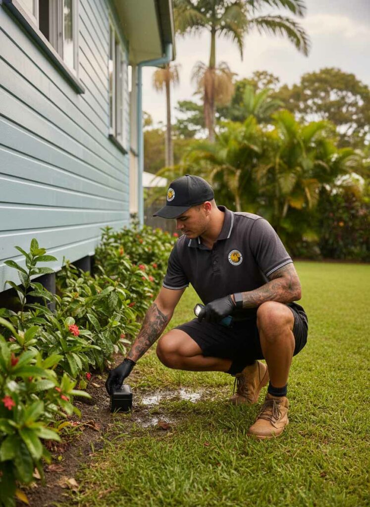Kurt Bradshaw from Tropical Palms Pest Management placing a small eco-friendly bait station along the wall of a tropical home in Cairns.