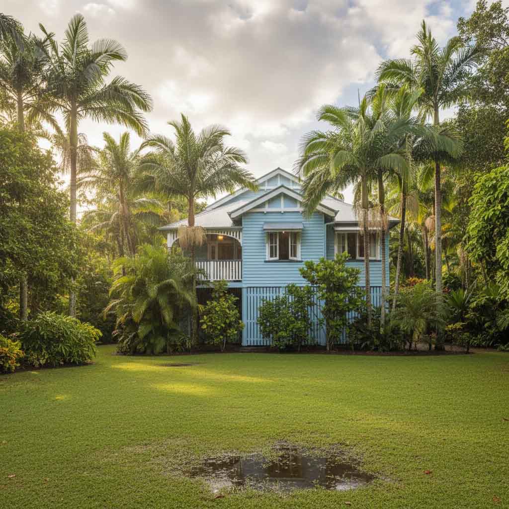 Tropical Queenslander home in Cairns surrounded by palm trees and wet greenery after rainfall, showing the humid conditions that increase pest activity.