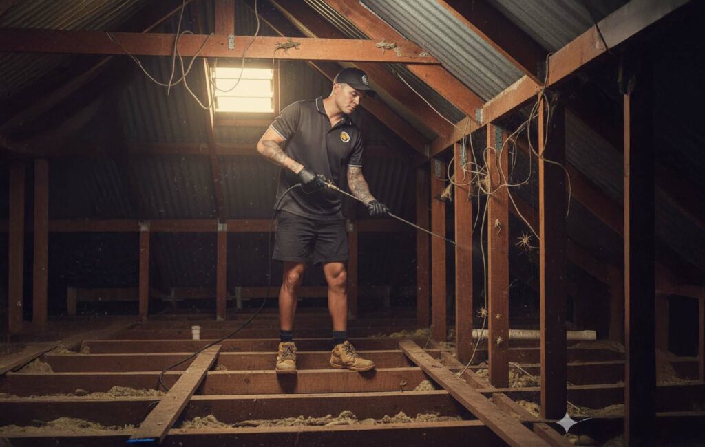 Kurt from Tropical Palms performing expert pest control in a Cairns roof void, treating spiders and hidden pests.