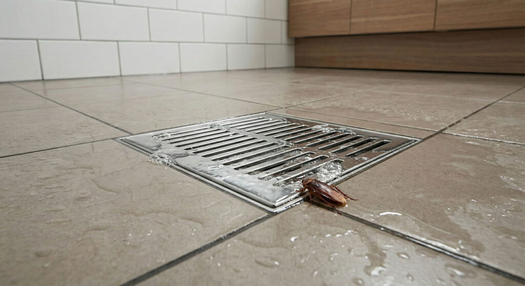 Wet bathroom drain in a Cairns home showing how cockroaches enter through floor wastes after heavy rain.