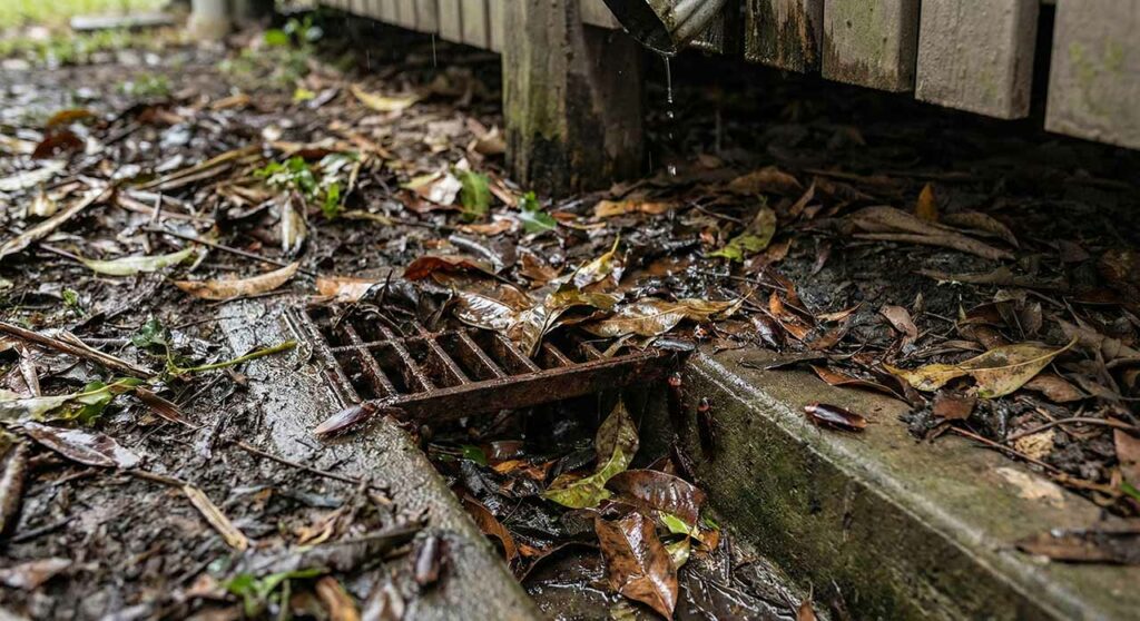 Wet ground and outdoor drains in a Cairns home showing common cockroach harbourage areas during the wet season.