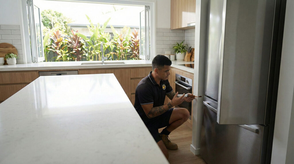 Kurt applying professional gel bait behind a kitchen appliance during a cockroach treatment in a Cairns home.