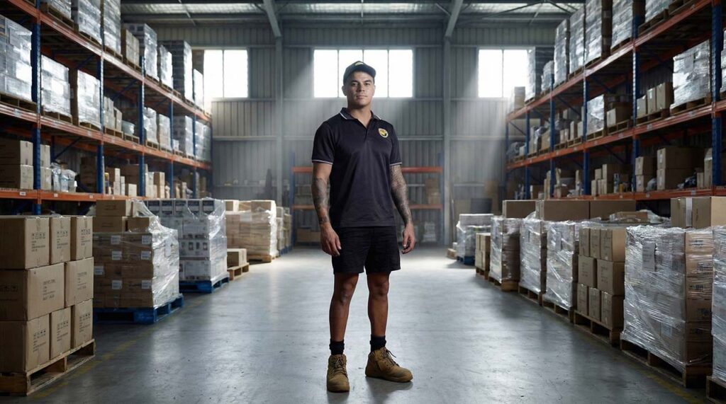 Industrial pest control expert Kurt Bradshaw inside a Cairns warehouse providing professional pest management solutions