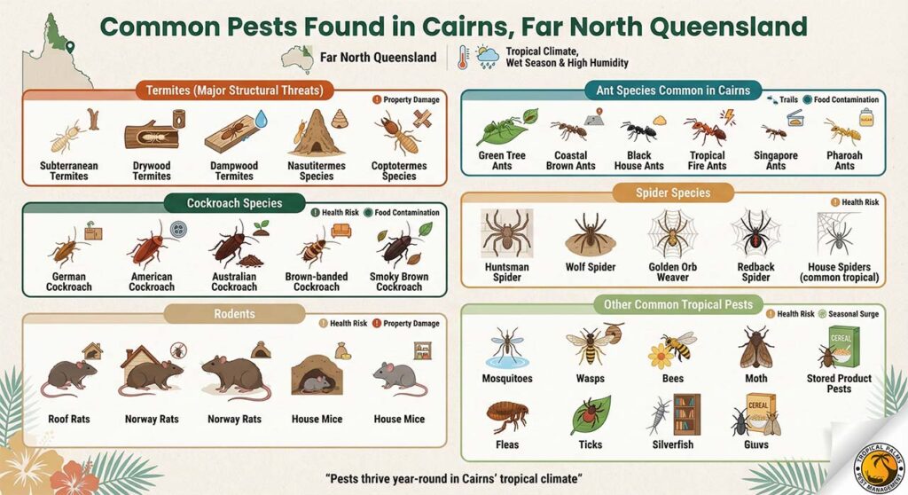 Infographic showing common pests in Cairns including termites, cockroaches, ants, spiders and rodents