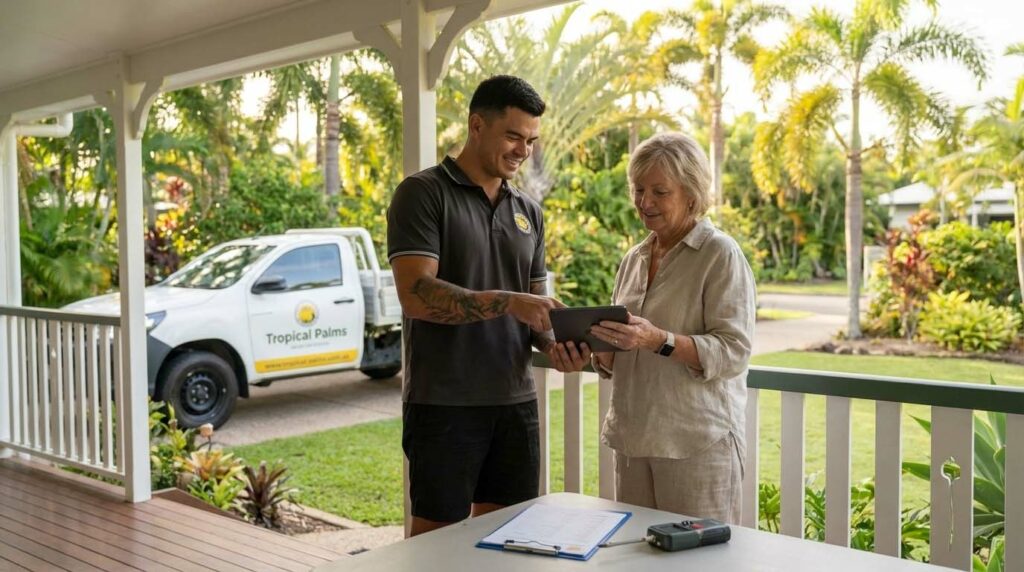 Kurt Bradshaw explaining pest control options to a young family in a Cairns home