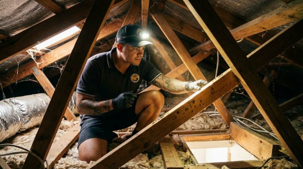 Kurt inspecting roof cavity for rodent infestation in Cairns
