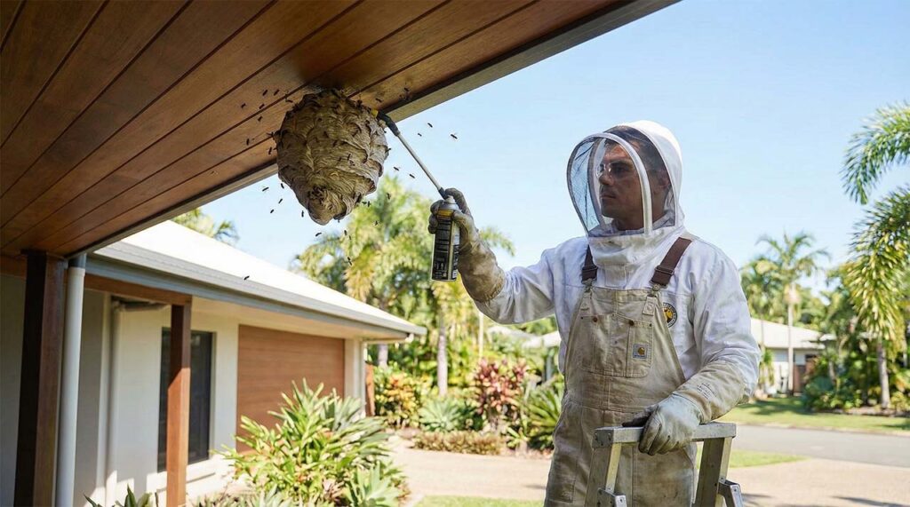 Kurt providing emergency pest control Cairns service while removing a wasp nest from a residential home