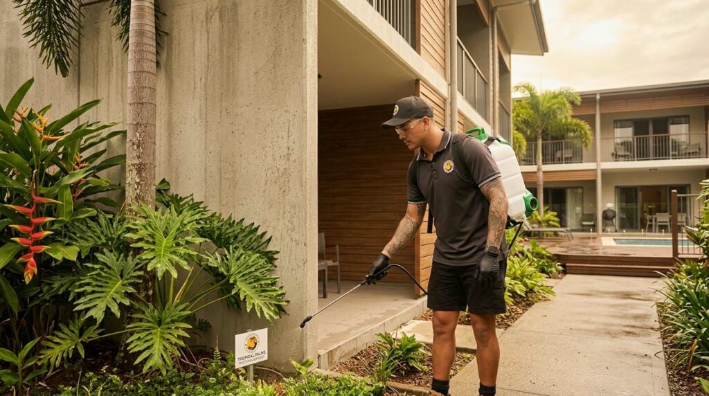 Kurt applying perimeter pest treatment at a Cairns hotel to prevent mosquitoes and insects