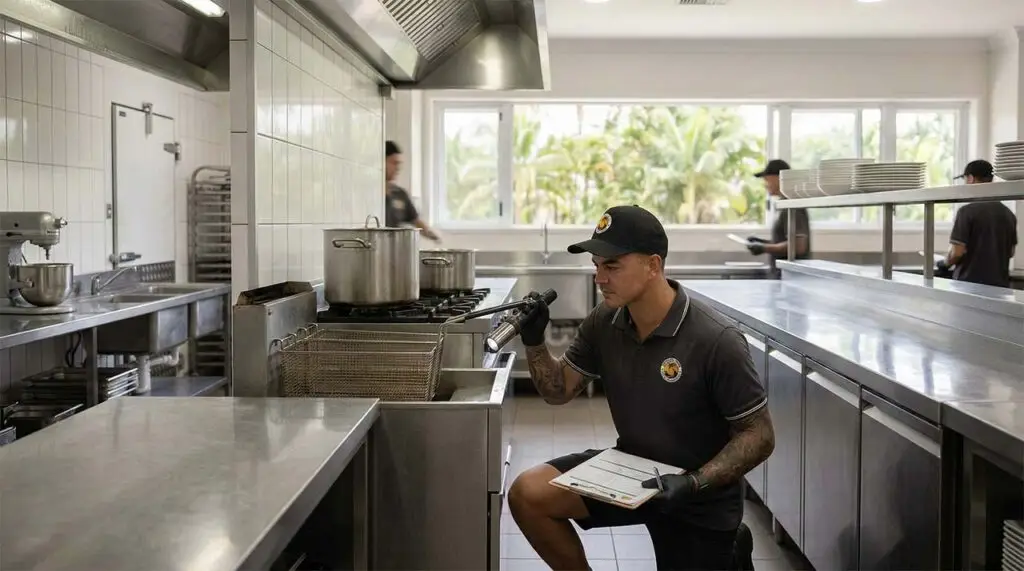 Kurt Bradshaw inspecting behind commercial kitchen equipment in a Cairns restaurant as part of a commercial pest control programme