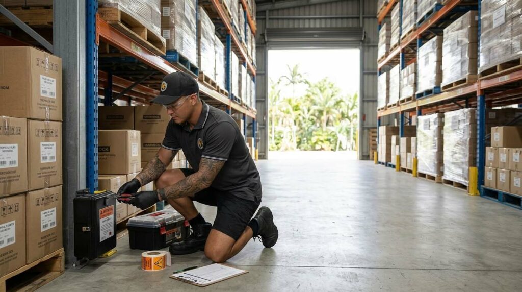 Kurt installing a rodent monitoring station inside a Cairns warehouse as part of a commercial pest control Cairns programme
